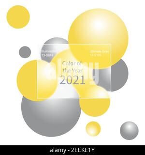 Vinnytsia, Ucraina - Gennaio, 16, 2021. Grigio, giallo, grigio estremo e illuminante. Palle astratte in colori alla moda 2021 e effetto morfish vetro. Illustrazione Vettoriale