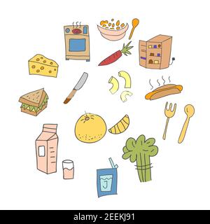 set di elementi doodle attrezzature di cottura colorato. Cucina doodles elemento di design Illustrazione Vettoriale