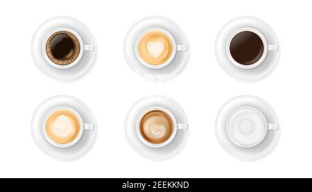 Vista dall'alto su diverse tazze di caffè bianche sulle piastre. Illustrazione vettoriale realistica di varie tazze di caffè caldo - espresso, latte, cappuccino Illustrazione Vettoriale
