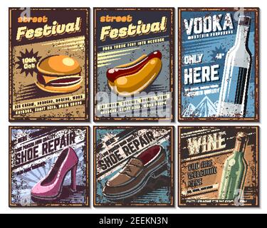 Serie di poster retrò in stile vintage. Con l'immagine di oggetti diversi e su argomenti diversi. Poster di vecchio stile, elemento per il design. Illustrazione Vettoriale