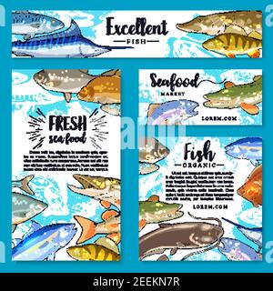 Poster e banner di pesce e frutti di mare per il mercato del pesce e del mare. Disegno vettoriale di trote fresche, salmone o sgombro e marlin, Flo Illustrazione Vettoriale