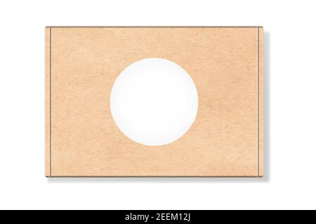 Confezione in cartone con etichetta rotonda vuota isolata su sfondo bianco. Confezione di cartone marrone realistico artigianale mockup. Illustrazione vettoriale in alto Illustrazione Vettoriale