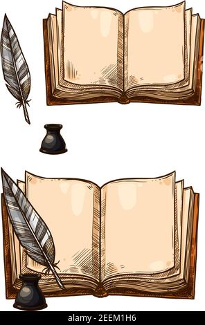 Vecchi libri con penna di piuma di quill di inchiostro e inkwell. Vettore isolato icone di schizzo di carta da scrivere retro o antica cancelleria di libro aperto manoscritto con bro Illustrazione Vettoriale
