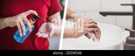 Closeup donna asiatica facendo mani disinfettante pompando gel di alcol e. Lavaggio a mano con acqua del rubinetto in bagno a casa, lavorando da casa a Covid-19 pand Foto Stock