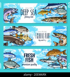 Striscioni Sealife di pesci d'alto mare o oceani per la pesca. Serie vettoriale di trote fresche, salmoni o sgombri e marlin, passera di mare o tonni e aringhe Illustrazione Vettoriale