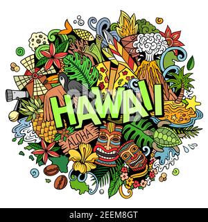 Hawaii disegnata a mano cartoni animati doodle illustrazione. Divertente design hawaiano Illustrazione Vettoriale