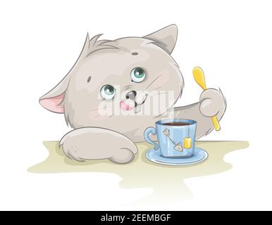 Carino gattino con una tazza di tè. Divertente personaggio kitten cartoon. Illustrazione vettoriale stock su sfondo bianco Illustrazione Vettoriale