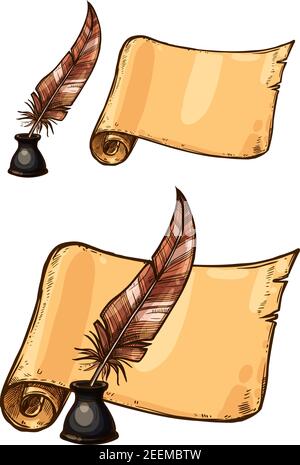 Vecchio rotolo di carta manoscritto antico e penna di piume di inchiostro quill in inkwell. Icone di schizzo isolate vettoriali di carta ruvida marrone per la stampa retrospettiva Illustrazione Vettoriale