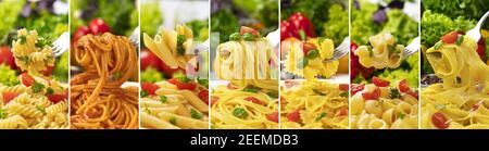 Collezione di pasta italiana, diversi tipi di pasta su forchetta Foto Stock