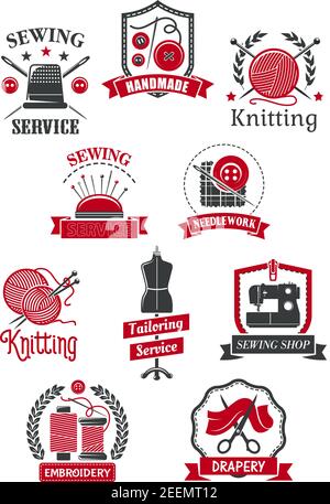 Set di simboli per negozi di abbigliamento e cucito. Macchina da cucire, ago, filo, forbice, forbice e vintage icona cieca sarto isolato con striscione a nastro per taiori Illustrazione Vettoriale