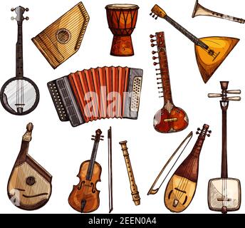Schizzi di strumenti musicali etnici. Viola, flauto e fisarmonica italiani, sitar indiano, banjo americano, tamburo di djembe africano, balalaika russa, japani Illustrazione Vettoriale