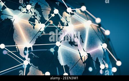 3d illustrazione del concetto di rete e di internet e della mappa del mondo del globo. Foto Stock