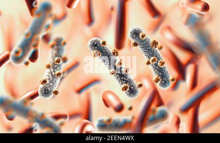 illustrazione 3d di un'immagine microscopica di un virus o di un infettivo Cell. Microbatteri e batterici organises. Biologia e scienza background Foto Stock