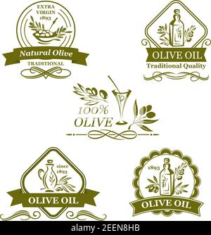 Icone di olive per etichette di prodotti a base di olio d'oliva o modello di cucina italiana. Vettore simboli isolati del ramo verde dell'olivo, olivo in cocktail gl Illustrazione Vettoriale