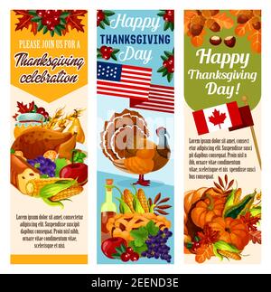 I banner di invito per la cena del giorno del Ringraziamento sono impostati per la festa canadese del Ringraziamento. Disegno vettoriale della bandiera del Canada, tacchino e torta di frutta, zucca, mais an Illustrazione Vettoriale