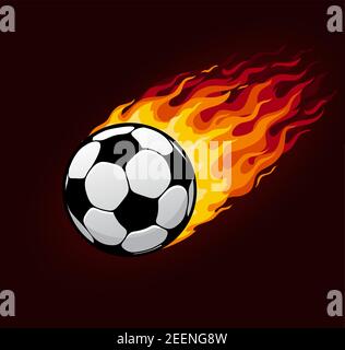 Calcio o pallone da calcio con percorso antincendio. Icona vettoriale di palla sportiva o di palla di fuoco che vola con fiamma ardente, velocità ed energia per il badge del club di calcio, leag Illustrazione Vettoriale
