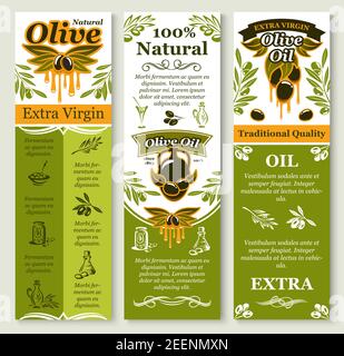 Striscioni di olio d'oliva o etichette di confezioni di prodotti extra vergine modello di olive verdi e nere, gocce d'olio e rami. Set vettoriale per flaconi e. Illustrazione Vettoriale