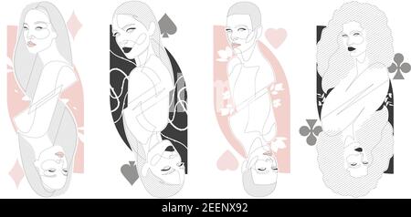 Illustrazione donna a riga singola impostata nello stile delle carte da gioco. Quattro personaggi in stile minimalista Queen. Illustrazione Vettoriale