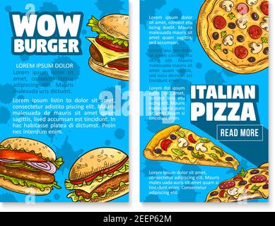 Poster del ristorante fast food per hamburger e spuntini a base di pizza. Disegno vettoriale di cheeseburger o panino hamburger e fetta di pizza con pepperon Illustrazione Vettoriale