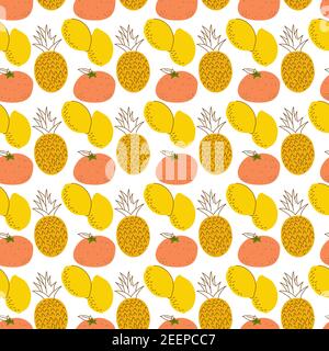 frutta con colorazione, limoni, ananas, arancio. Cartone animato frutta fresca in stile piatto. Fragola, banana, mela, ananas, ciliegia, limone. Cucitura Illustrazione Vettoriale