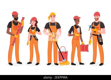 Team di riparatori di persone set, felice lavoratori di manutenzione riparazione servizio in piedi Illustrazione Vettoriale