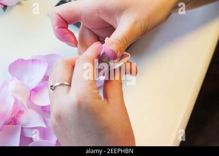 Fiori artificiali di rosa dalla schiuma, laboratorio di magistrale di foamiran passo-passo, guida artigianale, Foto Stock