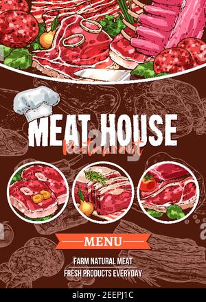 Striscione menu carne per barbecue ristorante e ristorante grill modello. Bistecca di manzo e maiale, pollo alla griglia, salsiccia di carne macinata e polpettine, costolette al barbecue e Illustrazione Vettoriale