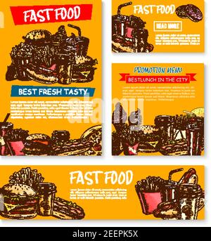 Poster e banner del menu fast food per il ristorante o bistrot fast food. Hamburger vettore cheeseburger, pizza o hotdog sandwich e gelato, frenc Illustrazione Vettoriale