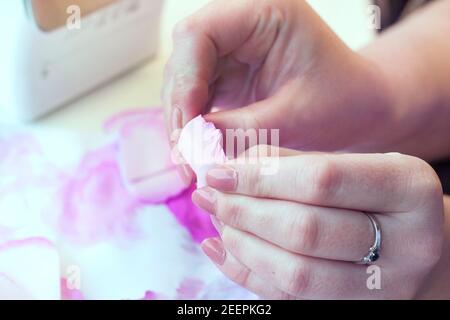 Fiori artificiali di rosa dalla schiuma, laboratorio di magistrale di foamiran passo-passo, guida artigianale, Foto Stock