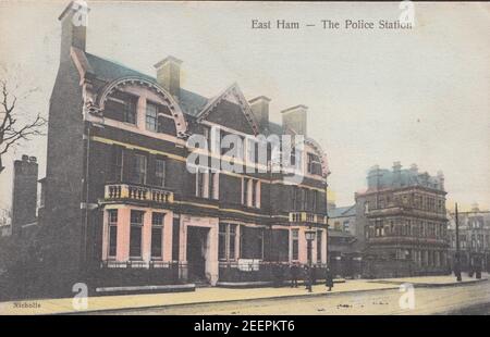 Vintage Printed Edwardian Photographic Postcard Showing East Ham Police Station. London Borough of Newham, England. Stock Photo