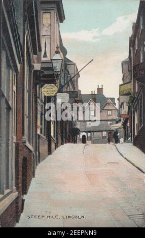 Vintage Printed Postcard Showing Steep Hill in Lincoln, Lincolnshire, England. Stock Photo