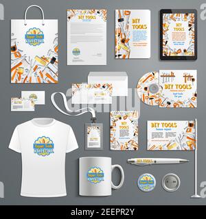Strumenti di lavoro e società di costruzione corporate vettoriali Identity template set di branding promo forniture. Abbigliamento da T-shirt, biglietti da visita o. Illustrazione Vettoriale
