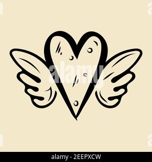Icona del cuore con le ali d'angelo, inchiostro disegnato a mano, concetto d'amore Illustrazione Vettoriale
