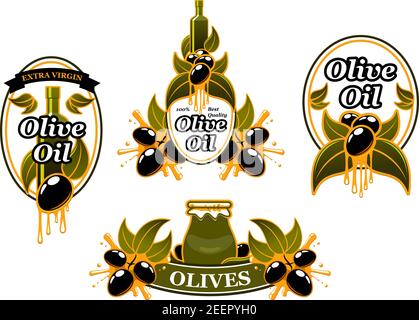 Icone di olio d'oliva o etichette di olive verdi e nere per modello di confezione di prodotti extra vergine. Set vettoriale di bottiglia o vaso d'olio e gocce su oli Illustrazione Vettoriale