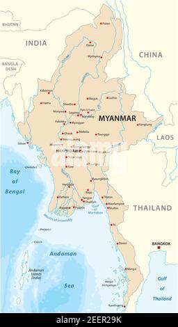 Repubblica dell'Unione di Myanmar mappa vettoriale con maggiore città Illustrazione Vettoriale