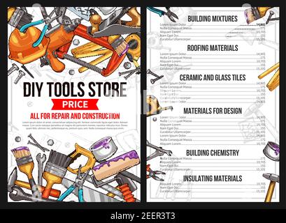 Listino prezzi del negozio di utensili da lavoro fai da te per la riparazione di case o il servizio di costruzione di handyman. Disegno vettoriale mistura di costruzione, materiale di copertura ceramica e vetro Illustrazione Vettoriale