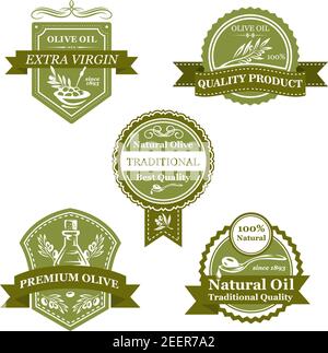 Badge per prodotti di oliva, bottiglia di olio e set di etichette per frutta d'oliva in scatola. Rametto di olive verdi con foglia, caraffa d'olio e olive marinate, sigillo rotondo ed emba scudo Illustrazione Vettoriale