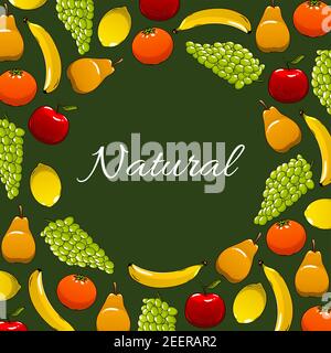 Cartellone di frutta di mela o pera, banana esotica e limone tropicale o agrumi e mandarino d'arancia, uva fresca e pesca o albicocca. Agricoltura organi naturali Illustrazione Vettoriale