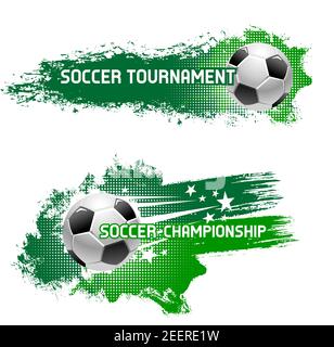 Poster torneo di calcio, banner o icona di volo palla da calcio con velocità verde traccia e stelle. Vector Set per il campionato di calcio o di calcio clu Illustrazione Vettoriale