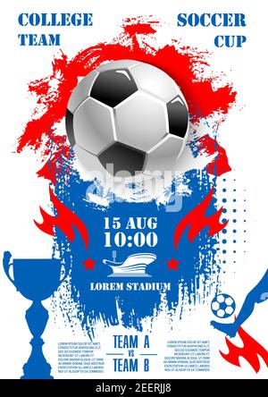 Modello poster campionato di calcio 2018. Design vettoriale della palla da calcio, porte d'obiettivo allo stadio arena e premio calice della vittoria con stelle rosse per Illustrazione Vettoriale