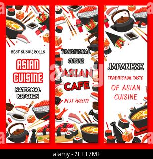 Banner del ristorante giapponese di sushi per il menu o il modello di design del sushi bar. Vector cucina asiatica sushi roll e chopsticks, zuppa di pesce e ramen noodle Illustrazione Vettoriale