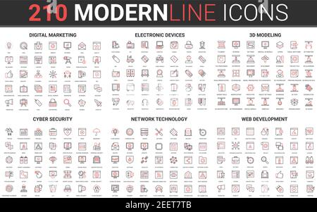 210 icone moderne di linea sottile rosso nero insieme di sicurezza informatica, tecnologia di rete, sviluppo web, marketing digitale, dispositivi elettronici, illustrazione vettoriale della raccolta di modelli 3d. Illustrazione Vettoriale