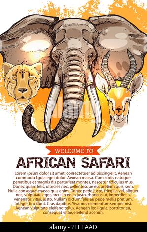 Benvenuto al poster africano di caccia safari. Disegno vettoriale di animali selvatici Africa elefante, ghepardo pantera o leopardo di jaguar e gazelle antilope per hu Illustrazione Vettoriale