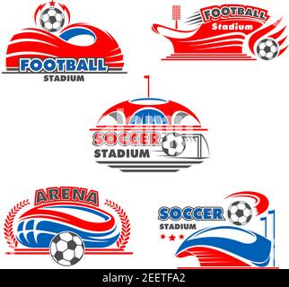 Icone dello stadio di calcio o dell'arena di calcio. Vector badge isolati set di calcio palla in movimento, bandiera su arena e stelle in corona d'alloro per lo sport Illustrazione Vettoriale