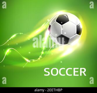 Fiammeggiante palla da calcio poster vettoriale 3d per il gioco di calcio sportivo. Palla che vola con luminoso sentiero fuoco, fiamma incandescente, scintille e luminoso swirling l Illustrazione Vettoriale