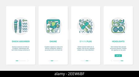 Componenti del veicolo, illustrazione del vettore di servizio di riparazione. UX, UI onboarding mobile app page set di schermo con linea di fari per auto, ammortizzatore automatico ammortizzatore, candela, simboli del motore per auto Illustrazione Vettoriale