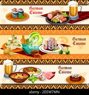 Il ristorante di cucina tedesca o il menu del pub sono allestito con un banner. Salsiccia di carne con birra e pretzel, insalata di patate, zuppa di pancetta, schnitzel di maiale, rotolo di pesce con vegetab Illustrazione Vettoriale