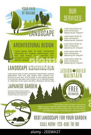 Modello di banner aziendale di progettazione paesaggistica. Manutenzione paesaggistica, cura del prato, architettura paesaggistica e servizio di giardinaggio poster con verde Illustrazione Vettoriale