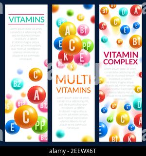 Striscioni di vitamine complesse con nomi DI A, B e acido ascorbico C e PP o multivitamina D. disegno vettoriale per minerali e su dietetico Illustrazione Vettoriale