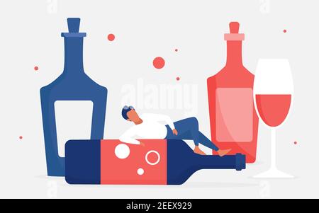 Illustrazione vettoriale del concetto di dipendenza da alcol. Cartone animato uomo addict personaggio bevitore sdraiato su bottiglia grande vuoto accanto al bicchiere di vino rosso bevanda, problema di alcolico cattivo cattivo cattivo cattivo cattivo di sfondo abitudine Illustrazione Vettoriale